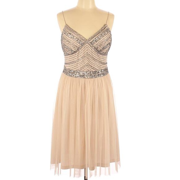 New Marina 12 Beaded Bodice Tulle Dress Fit Flare Knee Length Champagne Cocktail